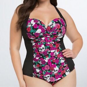 torrid Black One-Piece Swimsuit with Pink Floral & Skull Panel